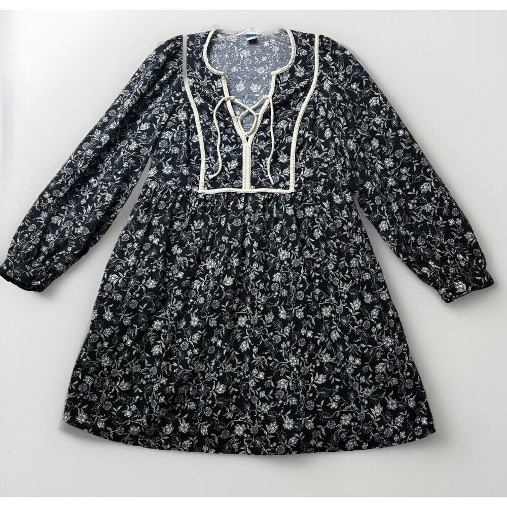 Old Navy Antique Floral Mari Babydoll Boho Puffed Sleeve Mini Dress Black Sz S